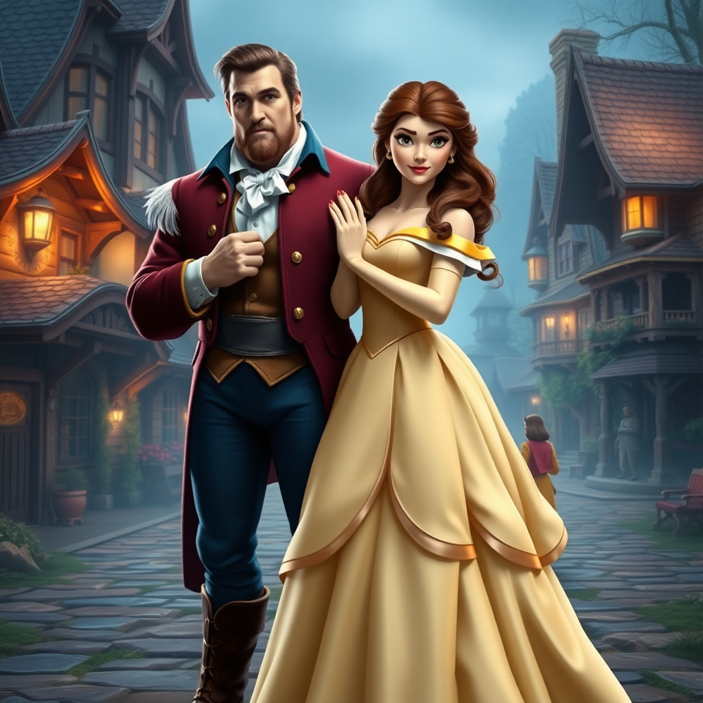 Create a hyperrealistic full-length image of a hybrid character, Belle using the male figure of Gaston for the body. The character should have Belle's distinct facial features and elegant dress combined with Gaston's muscular physique and stance, integrating details from both characters’ attires. Set the scene in an elaborate background combining elements of a charming provincial town and a rustic hunting lodge, capturing the essence and atmosphere of both Belle and Gaston's worlds. Render details meticulously to achieve a seamless blend.