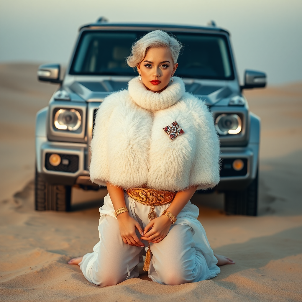 Kuwait desert dunes misty dawn, full size luxury SUV: Melissa, European 17 years old very convincing femboy “trophy-bimbo”, tamed servile docile, very beautiful feminine flawless face, rather short, by hormones very curvaceous womanly figured, platinum blond short tight curls, bold red lips, heavily made-up face, wearing Supertanya-style fluffy very fuzzy bright white angora turtleneck-poncho cropped ending under bust decorated with pearls and gemstones, striking oriental wide gold bridal protection belt, white fully transparent harem pants, full Oriental bridal jewelry, full Oriental face-jewelry, coin anklets, striking diamond “$$$” letter brooch on left chest, pout frustrated, hands tied behind back, kneeling in sand in front of SUV, looking at camera. Focus on face and turtleneck-poncho.