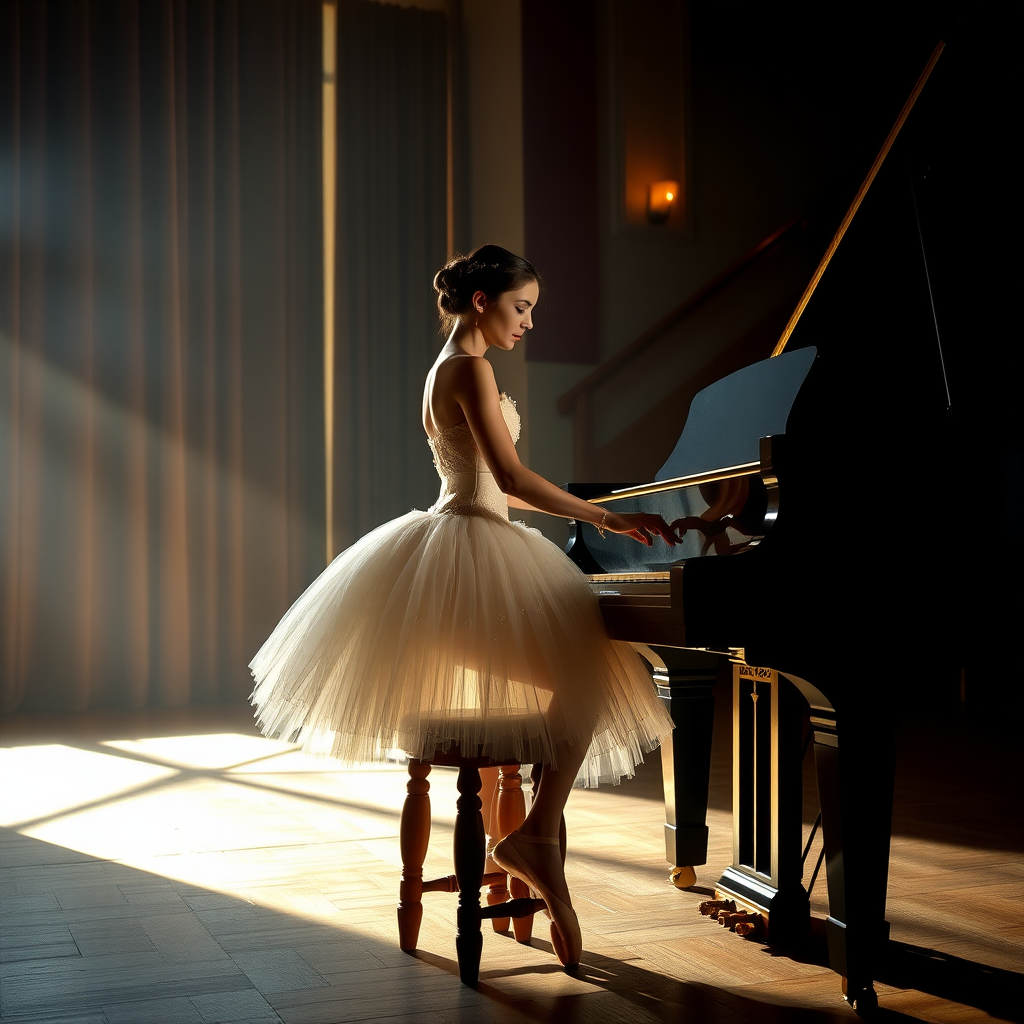 In the dim-lit auditorium of a historic ballet company theater, the air is thick with a sense of nostalgia, the kind that whispers stories of artistry and talent. A ballerina, poised elegantly on a weathered wooden stool, plays a grand piano with a mastery that transforms each note into a haunting melody. Clad in a delicate, ivory vintage tutu adorned with intricate lace and shimmering sequins that catch the soft light, her hands glide over the polished ebony keys, creating a symphony that echoes through the room.

The stage is bathed in a magical, ethereal glow, casting warm, golden highlights that accentuate the ornate details of her costume and the glossy sheen of the piano’s surface. Shadows dance gracefully along the walls, mingling with the muted colors of the velvet curtains that frame the stage. The scent of aged wood mingles with a faint hint of blooming jasmine wafting in from an open window, enhancing the dreamlike quality of the moment.

As she plays, a hushed silence envelops the audience, each note evoking memories and emotions that hang in the air like an invisible tapestry. The ballerina’s expression is serene yet deeply introspective, revealing a connection to the music that transcends the physical realm. Her fingers move with a fluid grace, reminiscent of the graceful pirouettes she performs when dancing, as if her entire being is infused with the rhythm of the piece.

In this intimate setting, the atmosphere pulses with a bittersweet beauty, where the past and present intertwine, inviting all who are present to lose themselves in the enchanting world of dance and melody that unfolds before them.