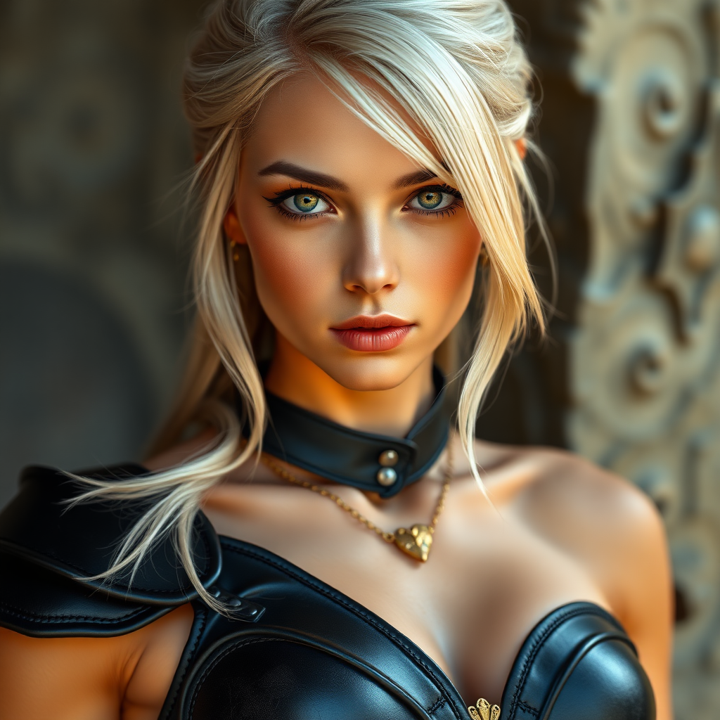 Portrait of a beautiful young platinum blonde woman with green eyes, a suntan, light brown eyebrows, and large breasts. She is wearing black leather armor and a gold necklace with a small heart pendant.