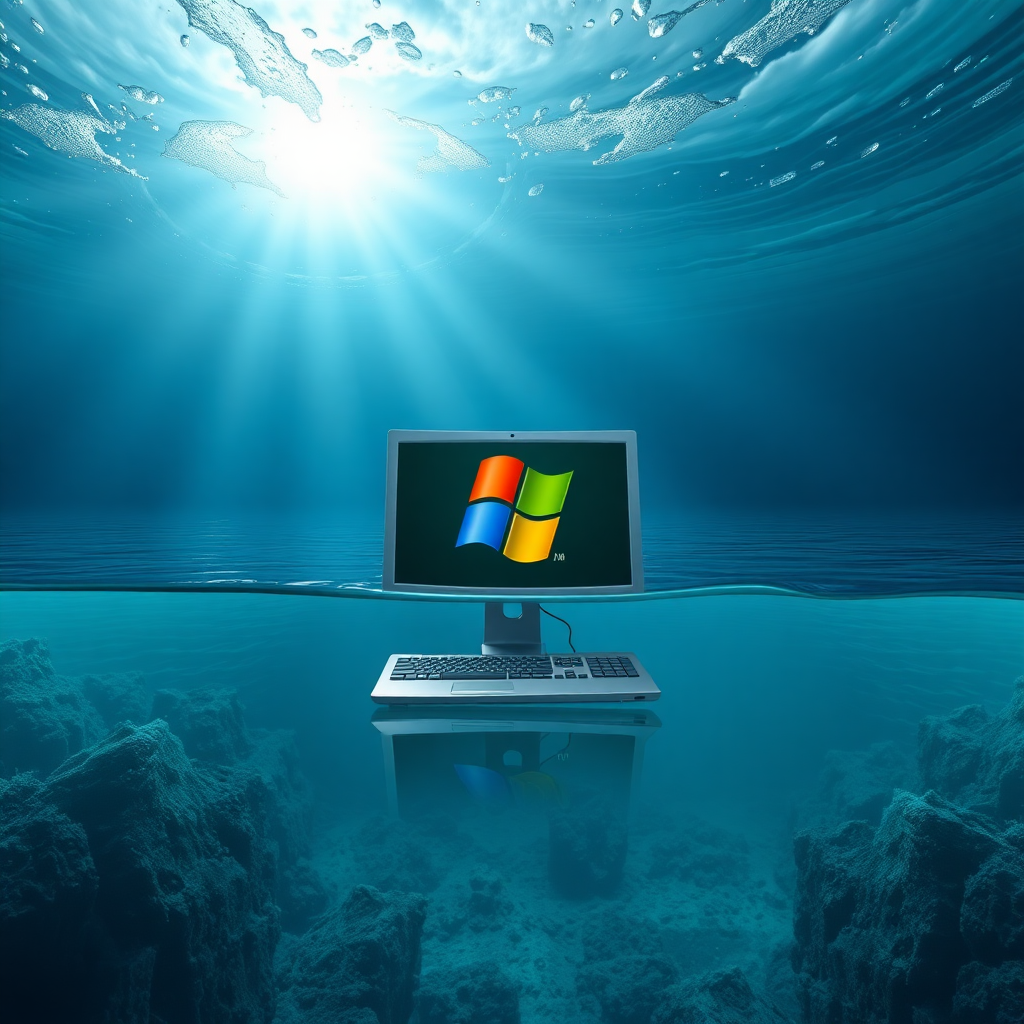 Create a realistic picture of a Microsoft XP computer in the Mariana Trench.