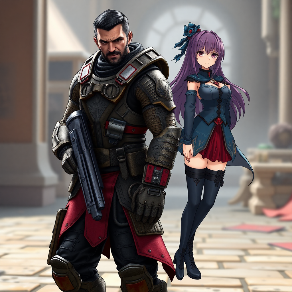 Generate a full-length image of the character Marcus Fenix from Gears of War, but with the body traits of Rin Tohsaka from Fate/stay night. Adjust the body shape to match Rin's while keeping Marcus's core costume. Incorporate embellishments and elements from Rin's outfit into Marcus's costume. The background should be a setting appropriate for both characters.