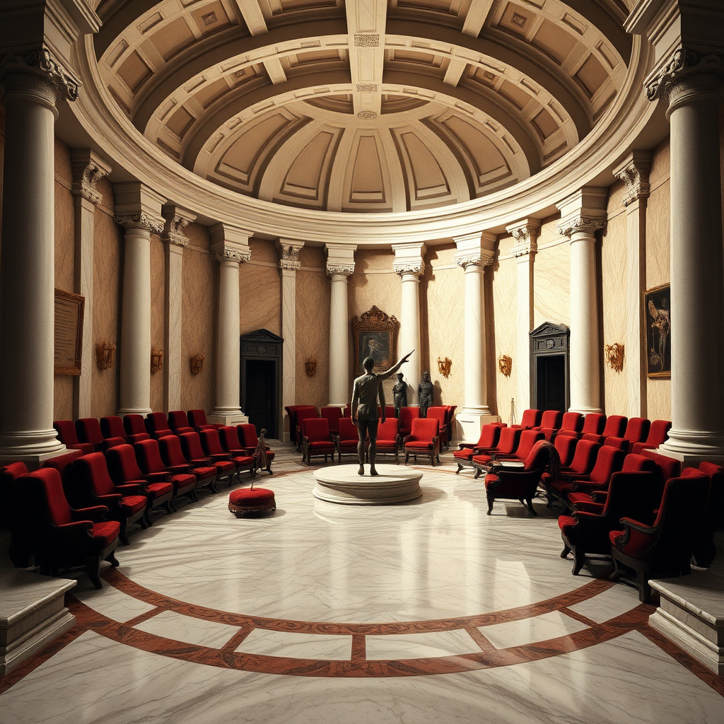 Beyond the foyer is the auction hall. Which is a cozy circular room, and has polished marble floors and white alabaster pillars supporting a vaulted ceiling. On both side (west and east) are ascending rows of plush seating made from velvet and mahogany. With the main entrance at the south side and a small servants entrance at the north side of the room. The servants entrance is also where the slaves are brought in. In the middle of the room are 6 small platform in a circle. Where female slaves are presenting themselves to be inspected and auctioned off.