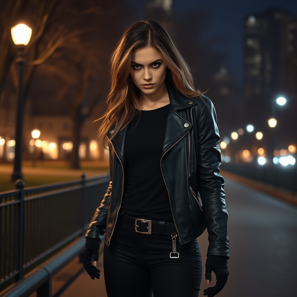 A beautiful angry female burglar in black leather jacket over black t-shirt with black pants and gloves in Manhattan park at night.