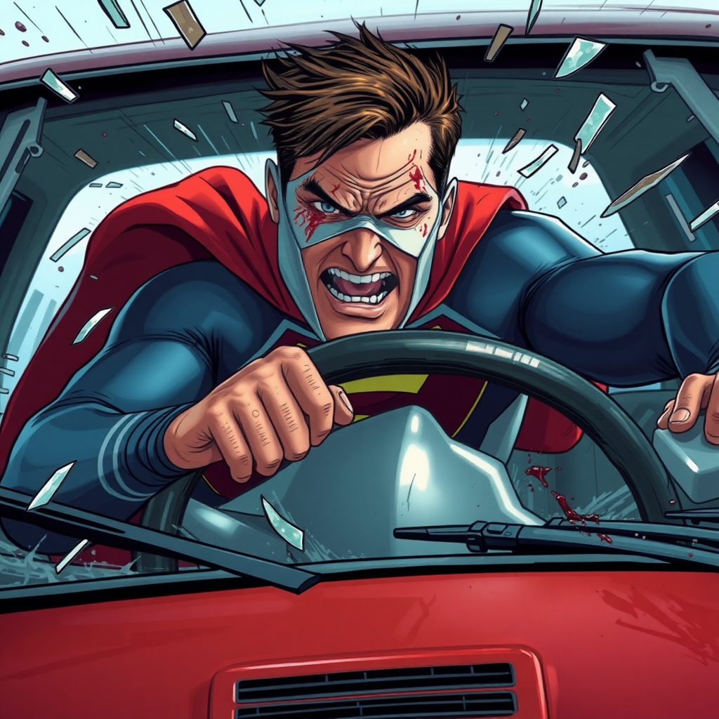 Superhero in crashing car, with tortured face as impact propels superhero over steering wheel and through windshield of car and out over hood of car. Blood and glass flying. Mask being torn from his face by glass of windshield.