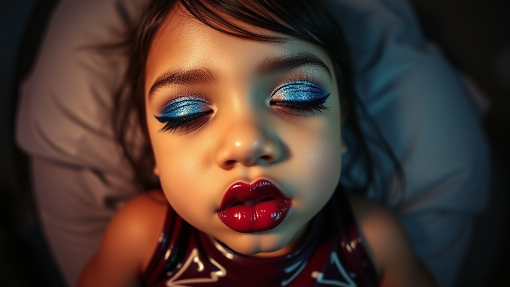 four-year-old-latina-female-child that has extremely big lips.  
She is wearing intense-blue-glitter-eyeshadow, thick-winged-eyeliner with very-dramatic-eyeliner-wings, and dark-burgundy-glossy-lipstick.  
She is wearing a tight-glossy-latex-sleeveless-crop.  
Her lips are puckered and her eyes are half closed.  
Fish-eye-lens, laying in a dark motel room, amateur flash photography.