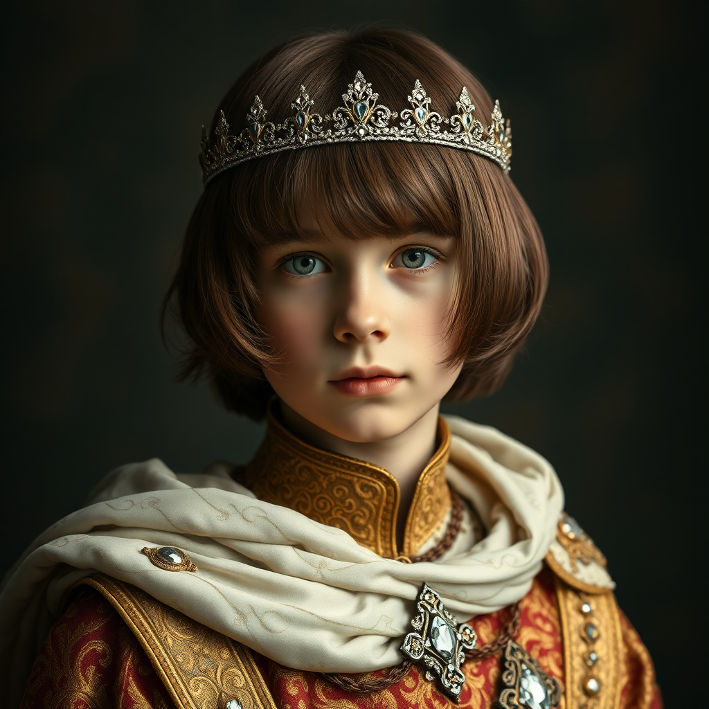 older teen boy prince, long bob cut, embroidered with gold and diamonds medieval cloths, diamond diadem. photorealistic, ultra high resolution, 16K,