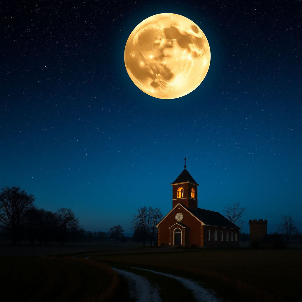 a country with a church and a square bell tower with lights, a large moon with a very starry sky in semi-darkness