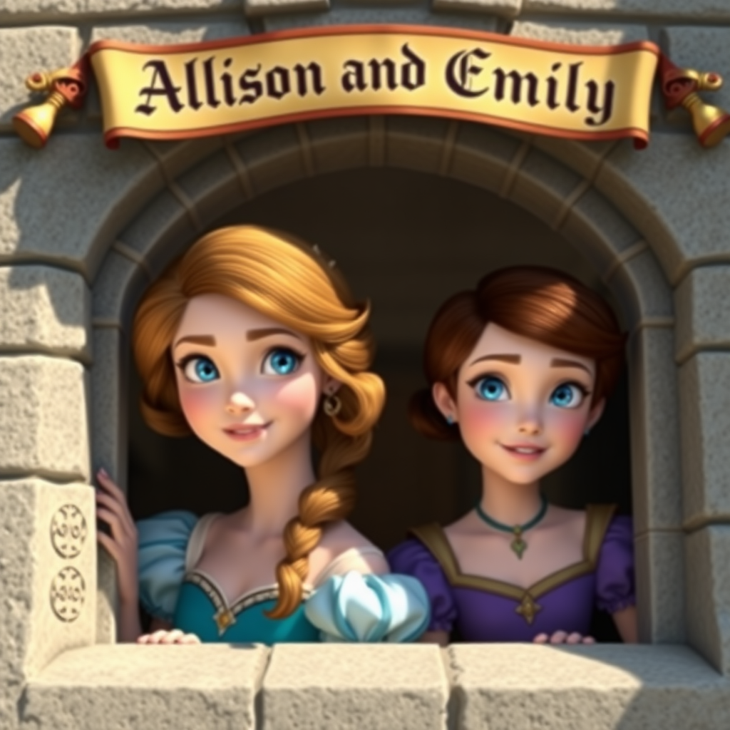 Two photo realistic princesses, one with light brown hair, blue eyes and aqua colored dress and the other with short auburn hair, blue eyes and purple dress peeking out the window of a castle with a medieval banner overhead saying "Allison and Emily"