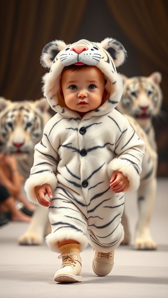 A cute small chubby fair baby with big eyes, pink lips, and pink cheeks, wearing a furry cozy white tiger costume, doing a ramp walk in a fashion show, walking with a real white tiger in a cinematic style.