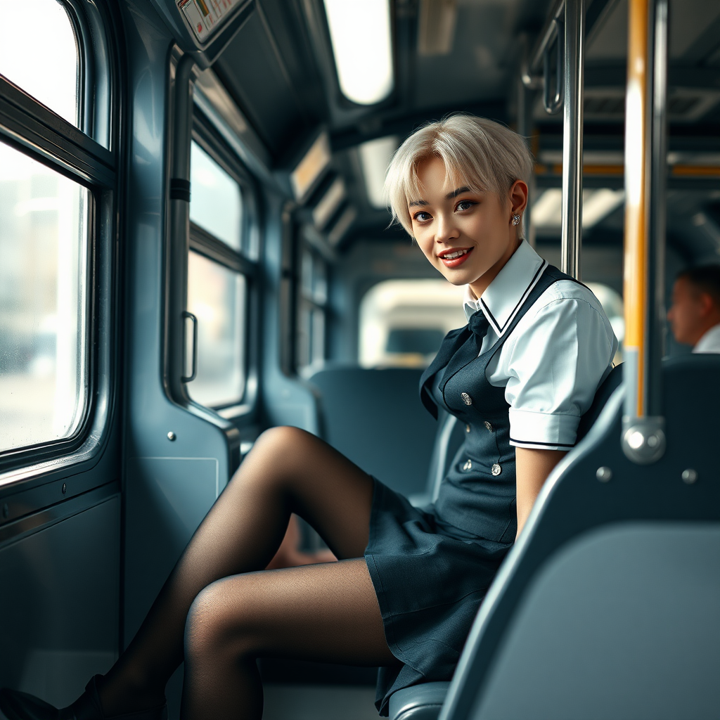 photorealistic, ultra high resolution, 16K, surreal fantasy, soft studio lighting, a pretty 18 year old goth male, slim male physique, short blonde hair, goth makeup, earrings, sheer black pantyhose, UK girls-school uniform, Mary-Jane shoes, sitting in the school bus, excited smile, facing the camera.