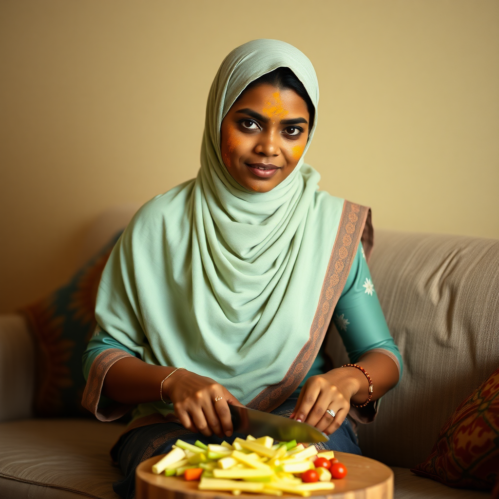 slim, 30 year old, indian maid with short hijab, turmeric paste on her face. she is sitting on a sofa and cutting vegetables