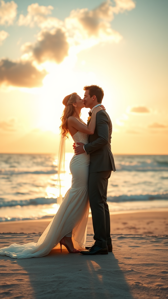 In the background, Nicole Kidman and Tom Cruise elegantly dressed, she heels and he patent leather shoes, he passionately kisses the bride, in the background the sea with a beautiful beach, sunset sky with the sun's rays with clouds. 16K ultra-high definition.