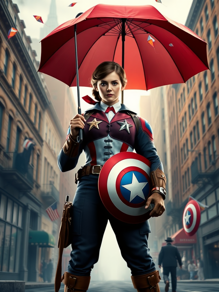 DALL-E 3 prompt (683 characters):

Create a full-length rendered image merging Mary Poppins and Steve Rogers. Maintain Mary's head, hairstyle, and facial features atop Steve's muscular body. Adapt Mary's iconic nanny outfit to fit the new physique, incorporating elements from Captain America's costume such as star motifs or shield-inspired accessories. Adjust the umbrella size to match the larger frame. Set the scene in a whimsical London street blending into a 1940s New York cityscape. Include floating objects like kites or shields in the sky. Ensure the image captures both Mary's magical essence and Steve's heroic stance. Balance vibrant colors from both characters' worlds throughout the composition.