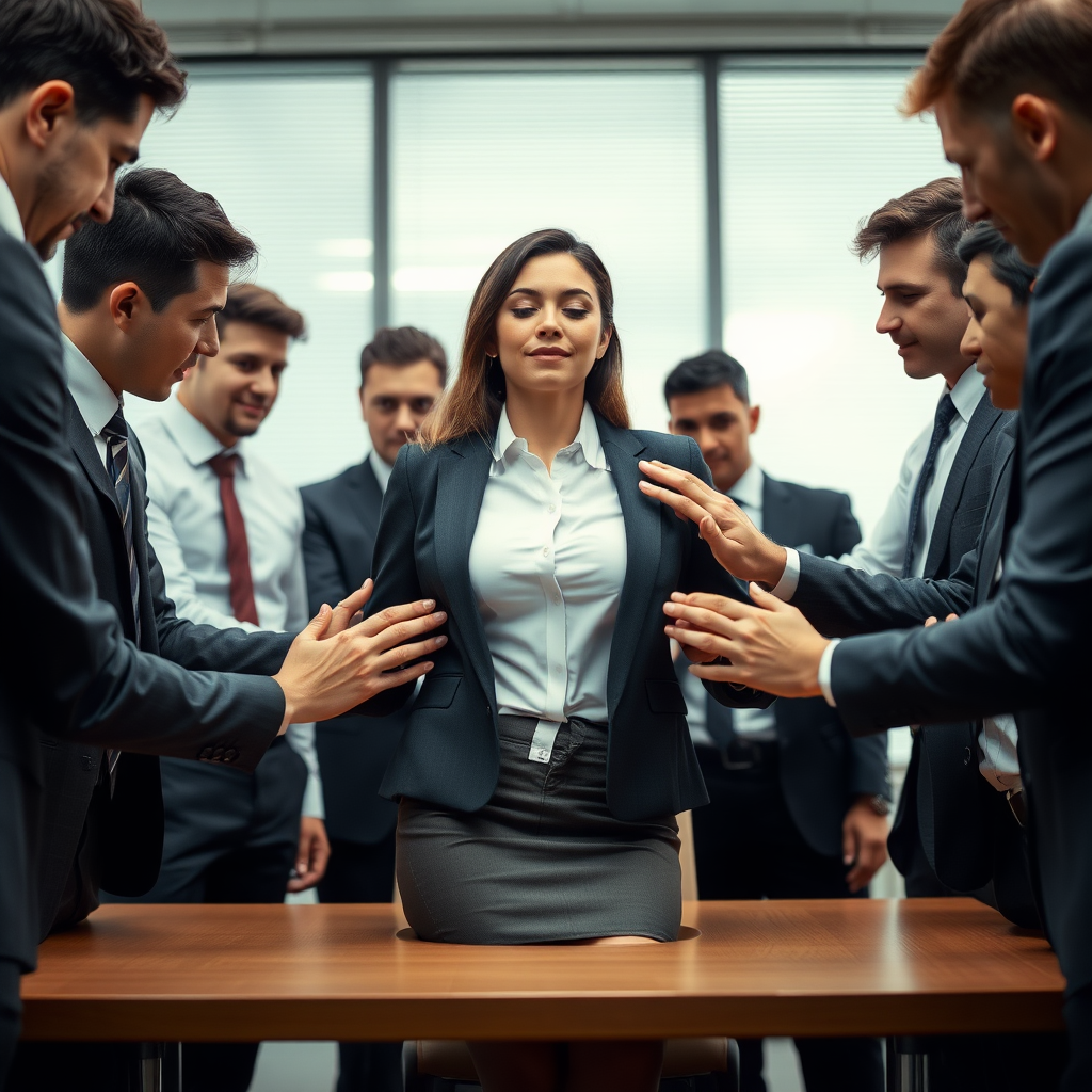 a business woman in the office, her many male colleagues are surrounding her, touching her all over her body