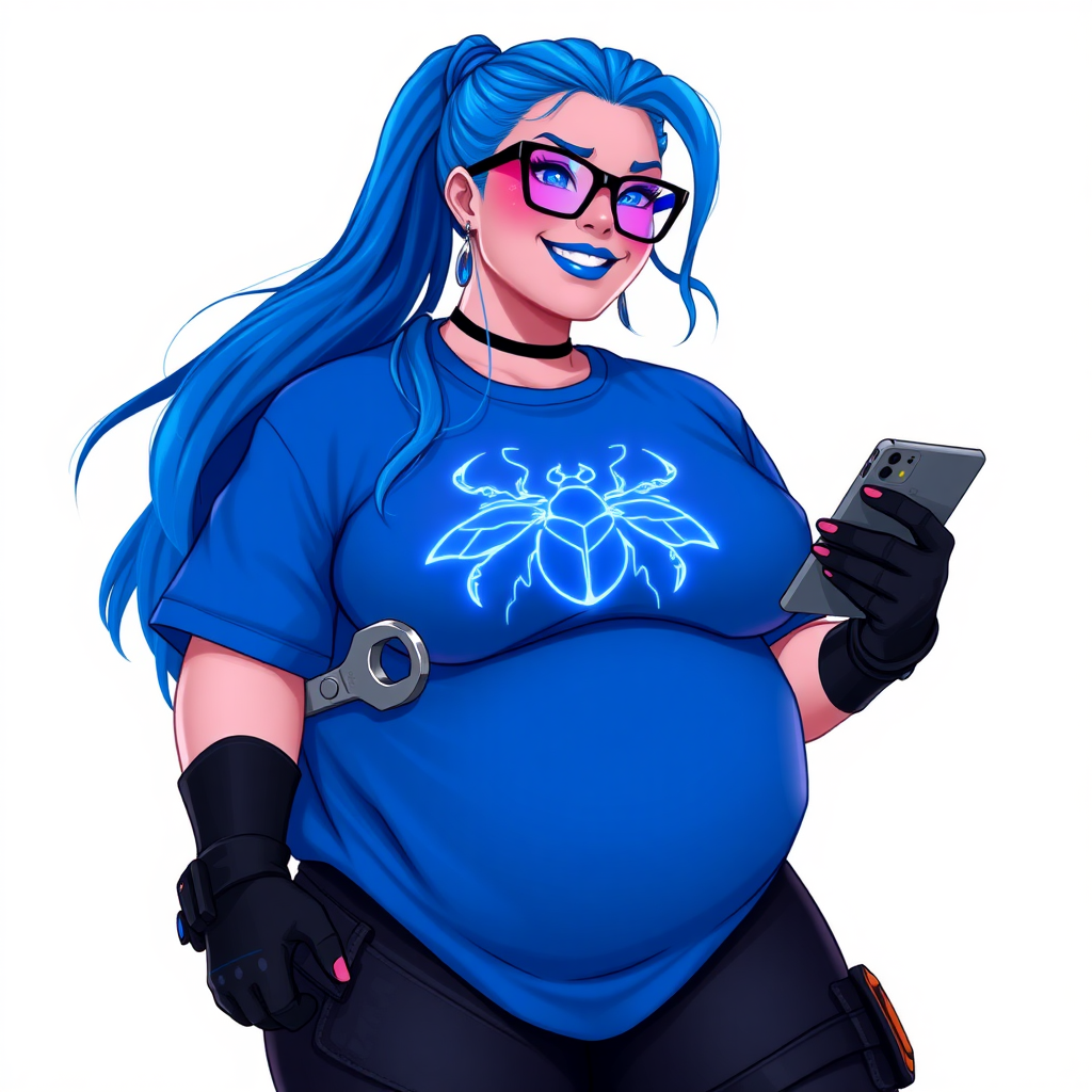 A 28-year-old, full-figured tech genius, she is the devoted girlfriend and sidekick of a cyberpunk vigilante. Her long, maximum blue ponytail and glowing sapphire eyes are striking features. Her prominent, round midsection, gigantic limbs, and broad shoulders define her full figure. As the loyal and supportive sidekick, she plays a crucial role in their missions, using her digital and technological prowess to assist and protect.

She wears an oversized maximum blue t-shirt with a glowing neon blue beetle chest icon, maximum blue lipstick, and black high-tech gloves. Her neon red blush and lovestruck smile are ever-present as she holds a futuristic wrench and a digital holographic tablet. Her full figure (especially her round midsection) shows how pampered she is by her doting boyfriend. Her nerdiness is unmistakable, accentuated by her black oversized eyeglasses. She is on a solid white background. Her tummy makes visible rumbles showing that obviously it's time to be massively pampered by her boyfriend. She serves as her boyfriend’s indispensable tech expert. She is drawn as if she was in a retro 2D cyberpunk fighting game.