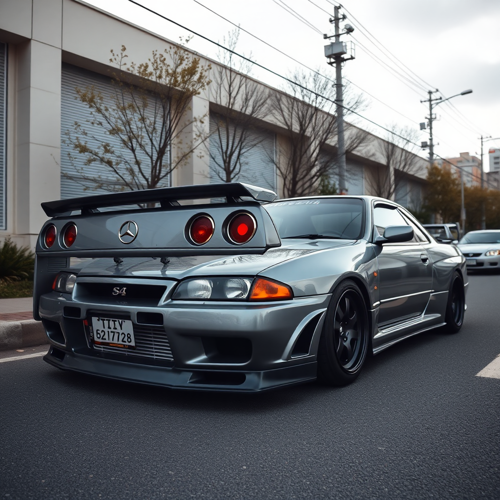 The car is parked on the side of the road, inspired by Taiyō Matsumoto, tumblr, restomod, nd4, c4 metallic shine gray black nissan skyline r34 kalabalik tokyo gece arkaplan