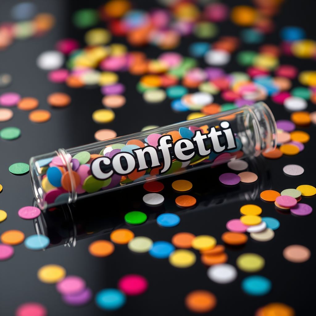 A photo of a glass fat transparent plain uniform confetti popper tube with colorful confetti inside and with text "confetti" on it, lying flat at an angle on black glossy surface, with confetti around it, distant confetti blurred, white bold text with a black border, reflections on the tube glass, tube closed from both ends.