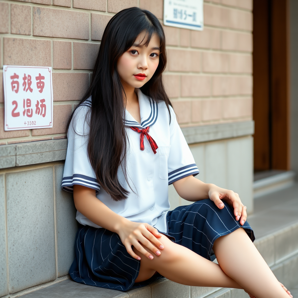 photo full body teenage giantess Japanese schoolgirl wearing 制服 sits and looks down