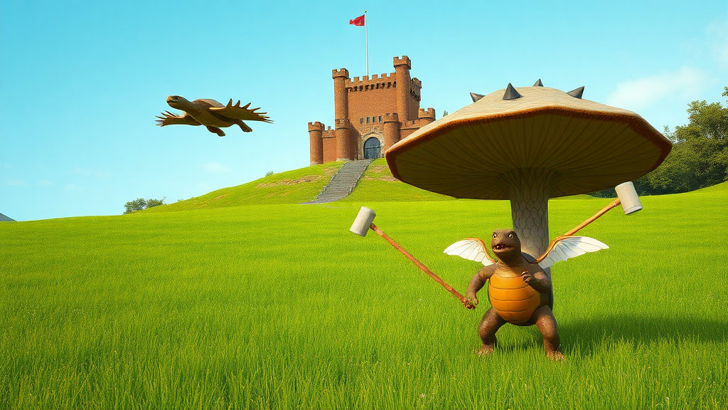 Exterior. Day. Green field. A pathway leads up a hill in the distance to a brown-brick castle with a tall flagpole outside. A large brown mushroom-shaped creature with pointy teeth. In the background, a flying turtle with white wings attached to its shell. Another turtle stands on its hind legs and throws hammers.