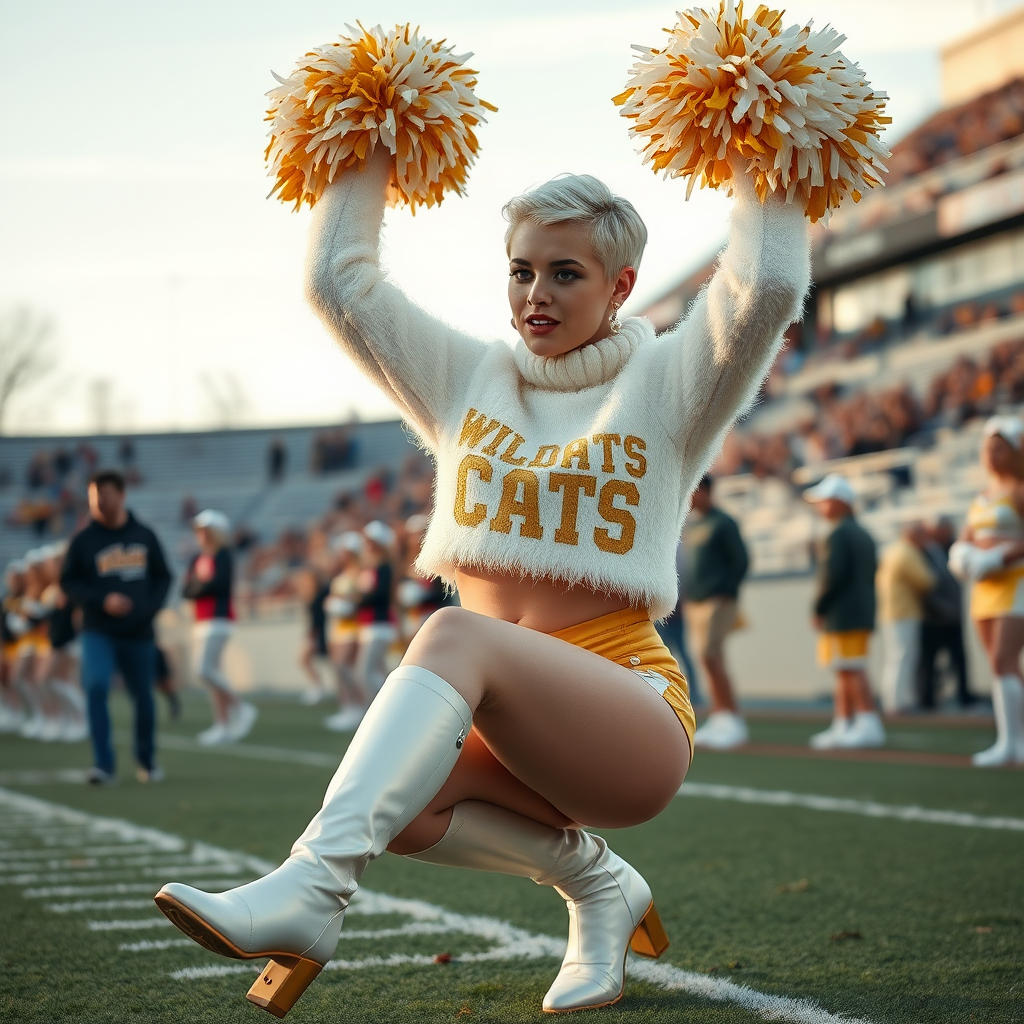 Sunny cold fall noon, college football stadium game, cheerleaders squat: Ana, European 17 years old very convincing femboy “QB’s trophy-bimbo”, tamed servile docile, very beautiful feminine flawless face, rather short boyish figure, platinum blond short tight curls, bold red lips, heavily made-up face, wearing cropped chunky fluffy very fuzzy bright white plushy mohair turtleneck-sweater with “gold “WILDCATS” letters, vinyl gold short shorts, mesh pantyhose, white vinyl thigh-high boots with golden heels, large gold-white pompoms, pearl earrings, pearl belly piercing, striking pearl tongue piercing, dancing with pompoms over her head, presenting her assets, trying to attract visitor’s coach.