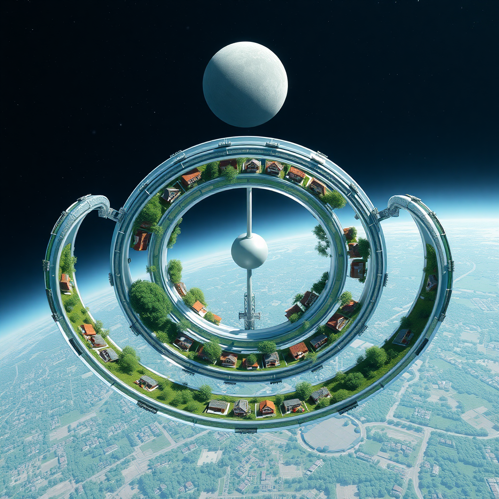 Three space stations parallel to each other, each with 5 glass doughnut rings stacked on a metal rod in the center, are orbiting a grey planet at a distance. Each ring contains neighborhoods of houses and is full of plants, trees, bushes, flowers, and grass.