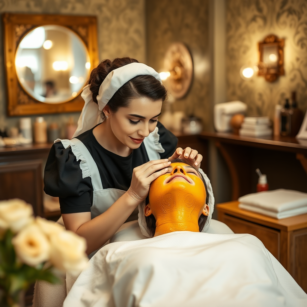 female french maid working in beauty parlour, giving turmeric facial to her clients