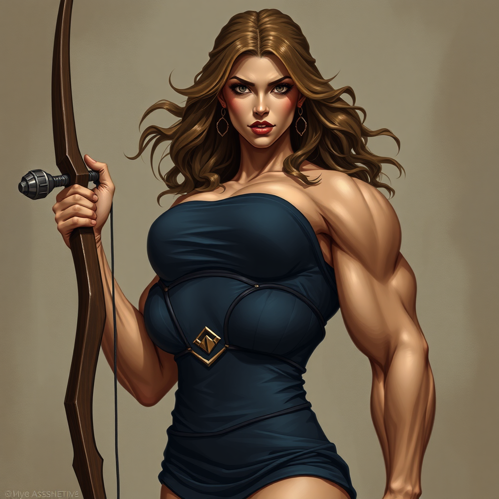 strong massive huge muscular bodybuilder girl, strapless dress, archer