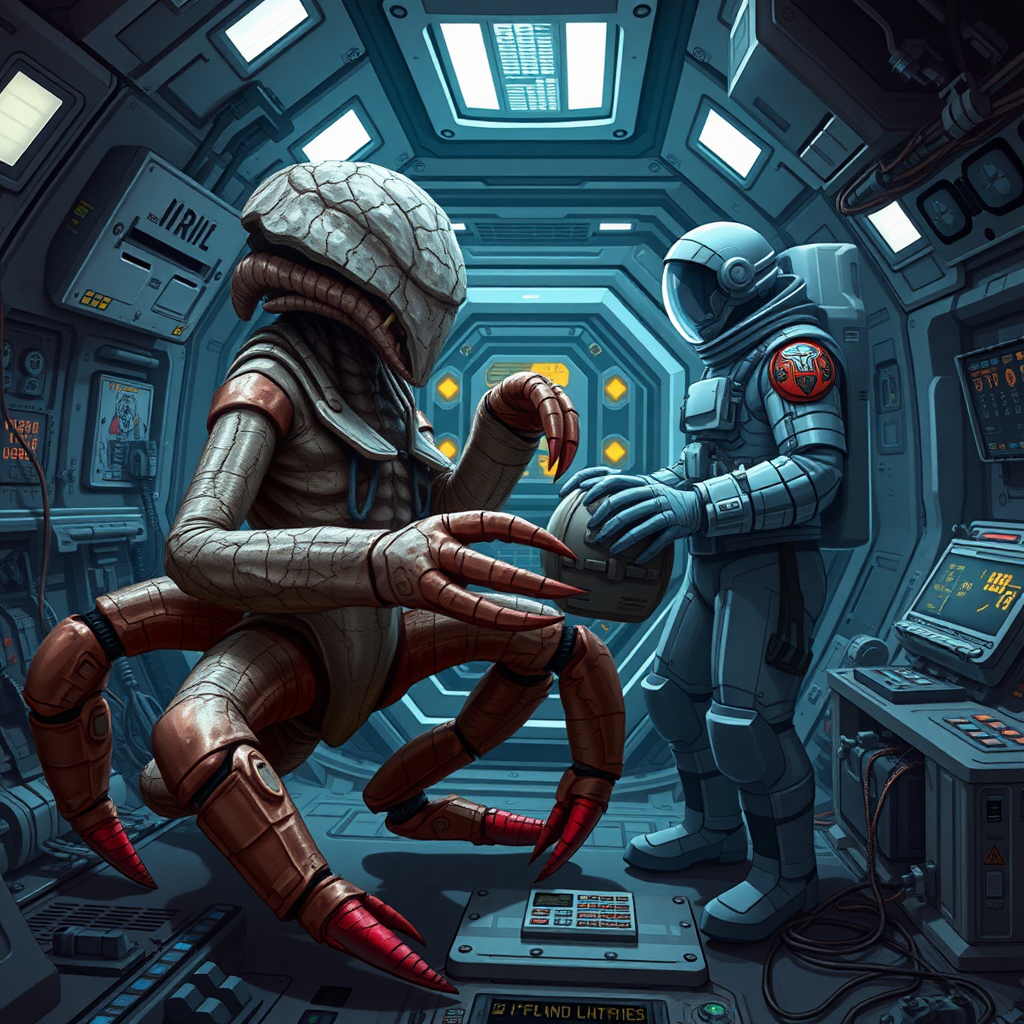 Depict Rocky, an alien from the planet Erid, aboard a high-tech spacecraft, working alongside Ryland Grace. Rocky is a five-legged creature with a crab-like appearance, covered in thick, chitinous armor. Rocky does not have eyes. His limbs are arranged symmetrically around a central body, and each limb ends in a claw-like appendage, which he uses to manipulate tools with precision. His rock-like body contrasts with the smooth, sleek surfaces of the human-designed spaceship. In the background, Ryland Grace, a human astronaut in a futuristic space suit, is observing Rocky as they collaborate on repairing or analyzing a piece of alien technology aboard the ship. The environment should feel claustrophobic yet futuristic, with glowing control panels, tools, and wires scattered around the scene. Rocky’s presence, though alien, conveys a sense of cooperation and intelligence, with both characters focused on their shared task.