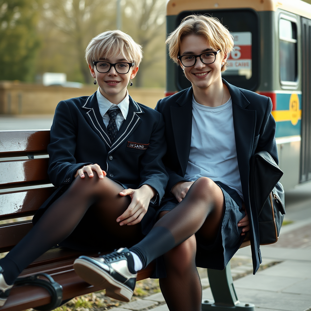 photorealistic, ultra high resolution, 16K, surreal fantasy, soft studio lighting, a pretty 18 year old goth male, slim male physique, short blonde hair, black glasses, goth makeup, earrings, shiny black pantyhose, UK girls-school uniform, Mary-Jane shoes, sitting on his boyfriend's lap on a bench waiting for the school bus, in daylight, excited smile, facing the camera.