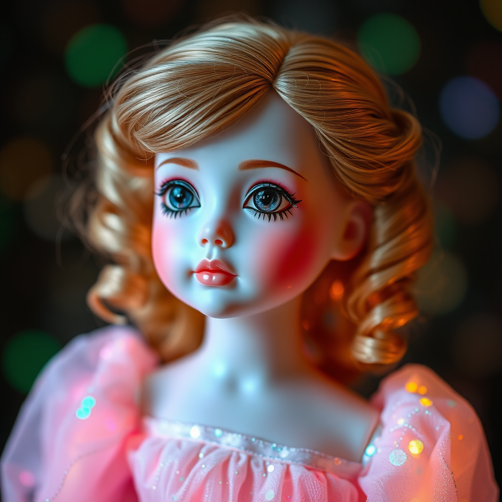 preteen doll, porcelain, aura, Bokeh, abstract, mandelbulb fractal, fractal, brilliant colors, glittering, translucent, mother of pearl, opal, iridescent, natural, glowing, sacred geometry, glitch, interdimensional