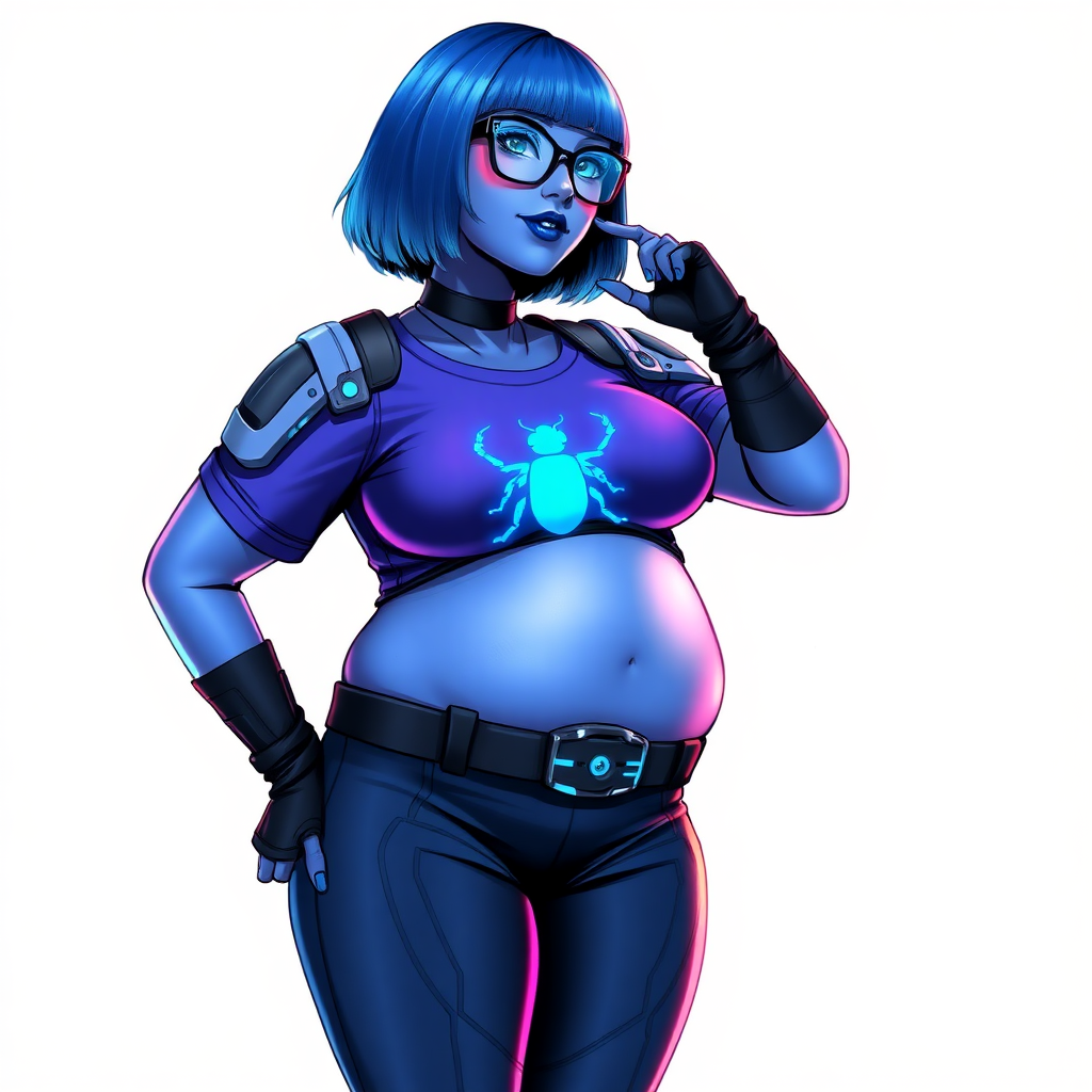 A 28-year-old, full-figured, metallic maximum blue (5PB 5/10) skinned computer program hybrid with a maximum blue bob cut. She has a non-athletic build, highlighted by a prominent, round, large midsection (with heavy emphasis on her belly), which shows the effects of her love of junk food acquired from her boyfriend. As the full-figured, nerdy, digital sidekick to her cyberpunk vigilante boyfriend, her metallic maximum blue skin and maximum blue lipstick (5PB 5/12) emphasize her digital nature. Her skin has a subtle, animated glow, with digital patterns occasionally flickering across it, making her digital nature obvious. She wears a digital, computerized costume, consisting of a huge, tight-fitting, maximum blue t-shirt (5PB 5/12) with a neon blue glowing chest icon of a beetle, hi-tech shoulder pads with neon blue accents, a black hi-tech belt with a digital neon blue glowing buckle, digital maximum blue pants (5PB 5/12) with neon blue accents, and black hi-tech fingerless biker gloves with neon blue glowing accents. Her neon blue glowing eyes, black eyeglasses with neon blue glowing lenses equipped with a built-in HUD, and bashful smile with neon red blush accentuate her nerdiness. She stands bashfully with one hand behind her back and the other hand gently touching her cheek, her costume covering all her skin and fully emphasizing her full-figured physique (especially her belly). She is clearly non-athletic, with a focus on her full-figured physique. Despite her build, she radiates beauty. She has a slim face compared to her physique, accentuating her radiant beauty. She is on a solid white background. She is drawn as if she were in a retro 2D cyberpunk fighting game. Ensure her skin has a maximum blue (5PB 5/10) skin tone.