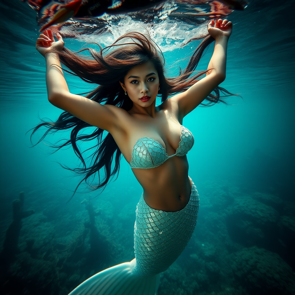 Dark skinned tiny Asian woman as a fit and trim mermaid underwater amazing loose flowing hair floating in a nimbus around her beautiful face her arms outstretched languidly over her head. she's looking directly into the viewer's eyes making intense eye contact. diaphanous gossamer. Burlesque. Stunning undersea life details plants and fish and other creatures of the sea. Impressive, shining scaled mermaid tail. Athletic pose. Amazing HD DSLR photographic output.