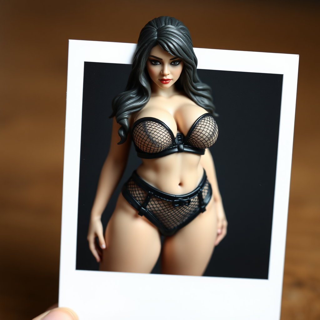 old polaroid photo of low detail 3d printed plastic figurine of sexy thicc curvy succubus girl wearing revealing black mesh bikini gstring thong and corset, with visible nipples