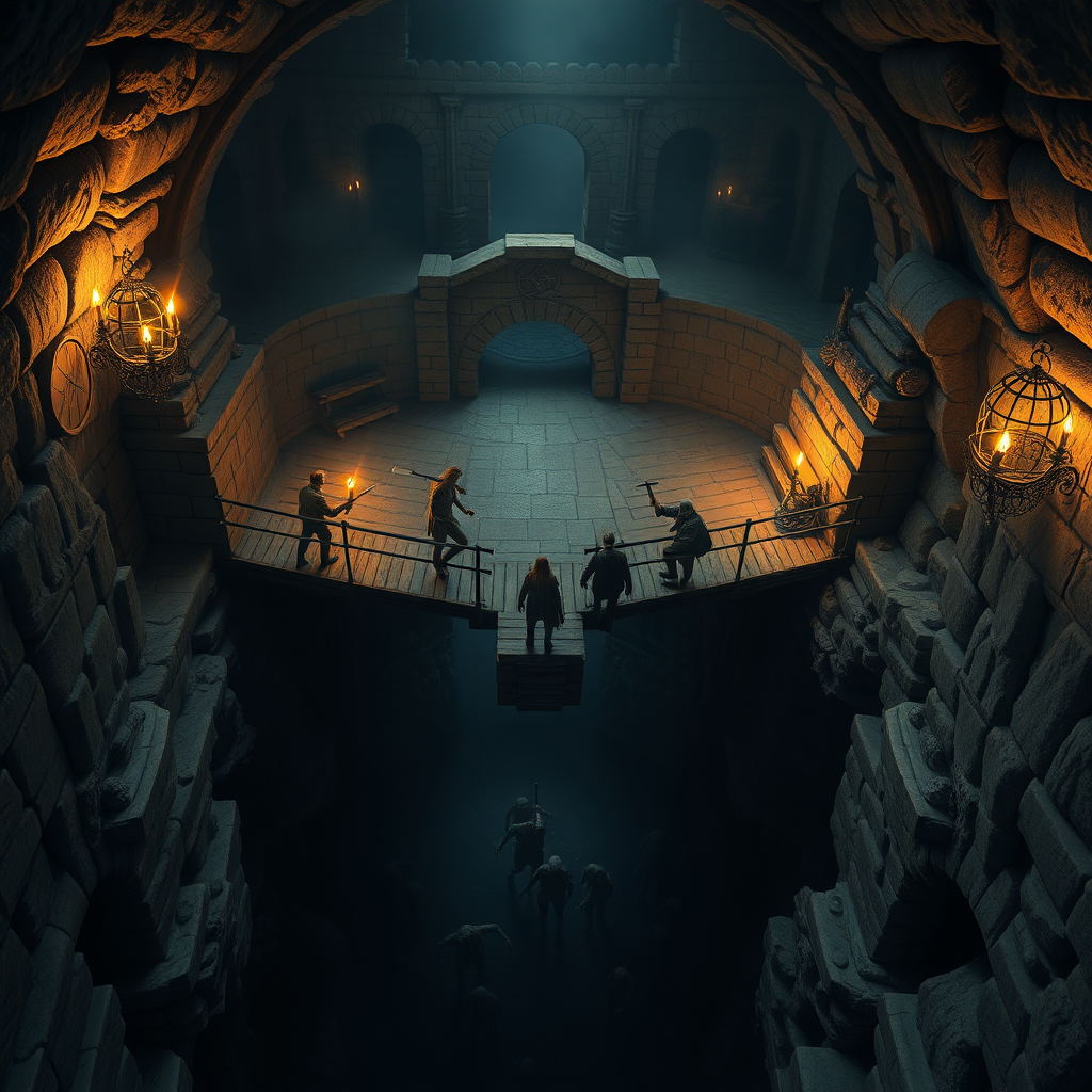 A dungeon crypt seen from above, a wooden bridge across a wide chasm, and the stone floor leading to a room with shambling zombies. Torches light up the place, and a group of adventurers cautiously walk across the bridge with weapons drawn. Photorealistic digital matte painting.