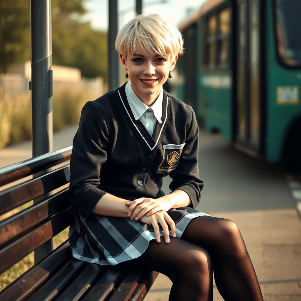 photorealistic, ultra high resolution, 16K, surreal fantasy, soft studio lighting, a pretty 18 year old goth male, slim male physique, short blonde hair, goth makeup, earrings, shiny black pantyhose, UK girls-school uniform, Mary-Jane shoes, sitting on a bench waiting for the school bus, in daylight, excited smile, facing the camera.