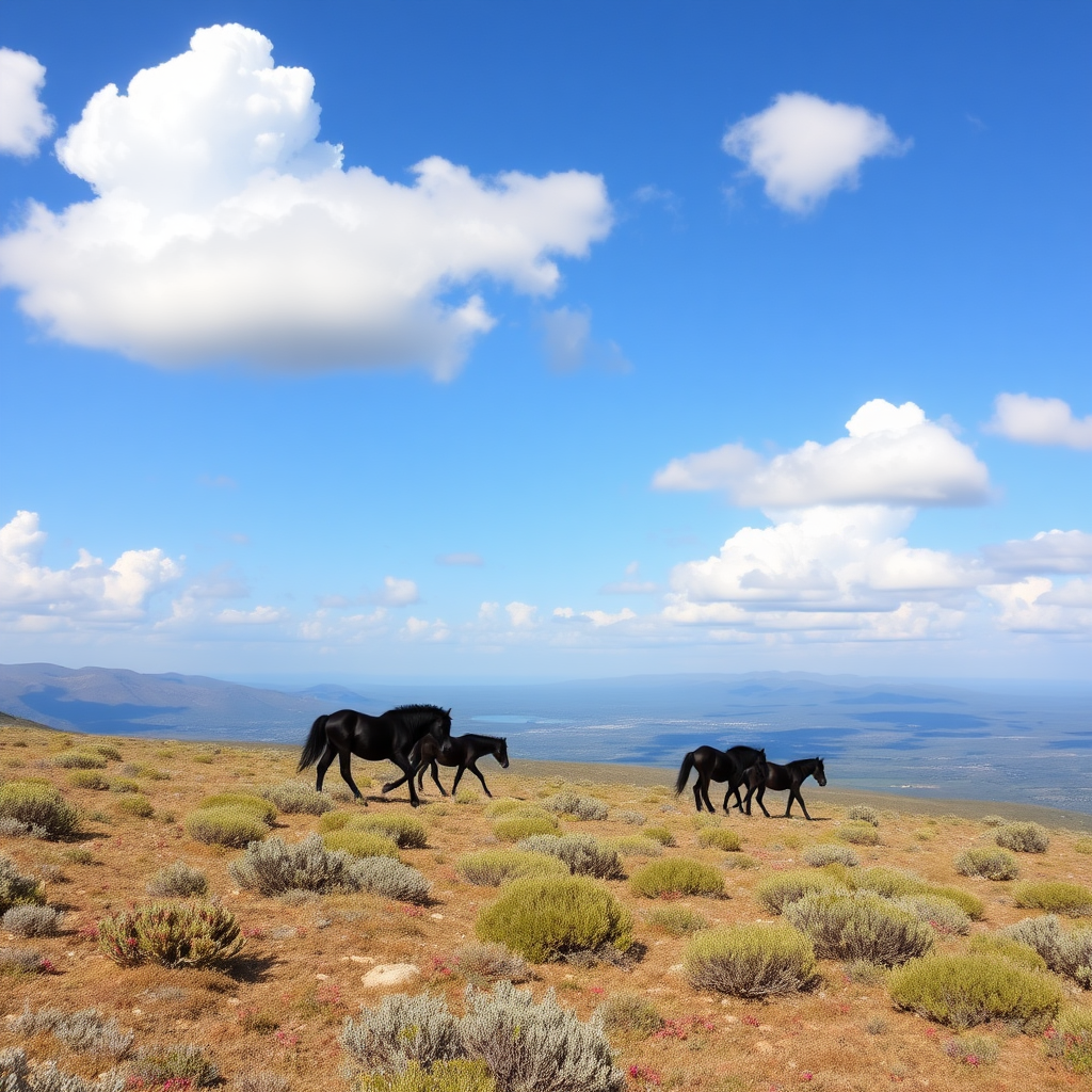 Long plateau with its dark wild ponies, Mediterranean vegetation with cistus, myrtle, oaks, junipers, with small lakes and rocks and blue sky with white clouds.