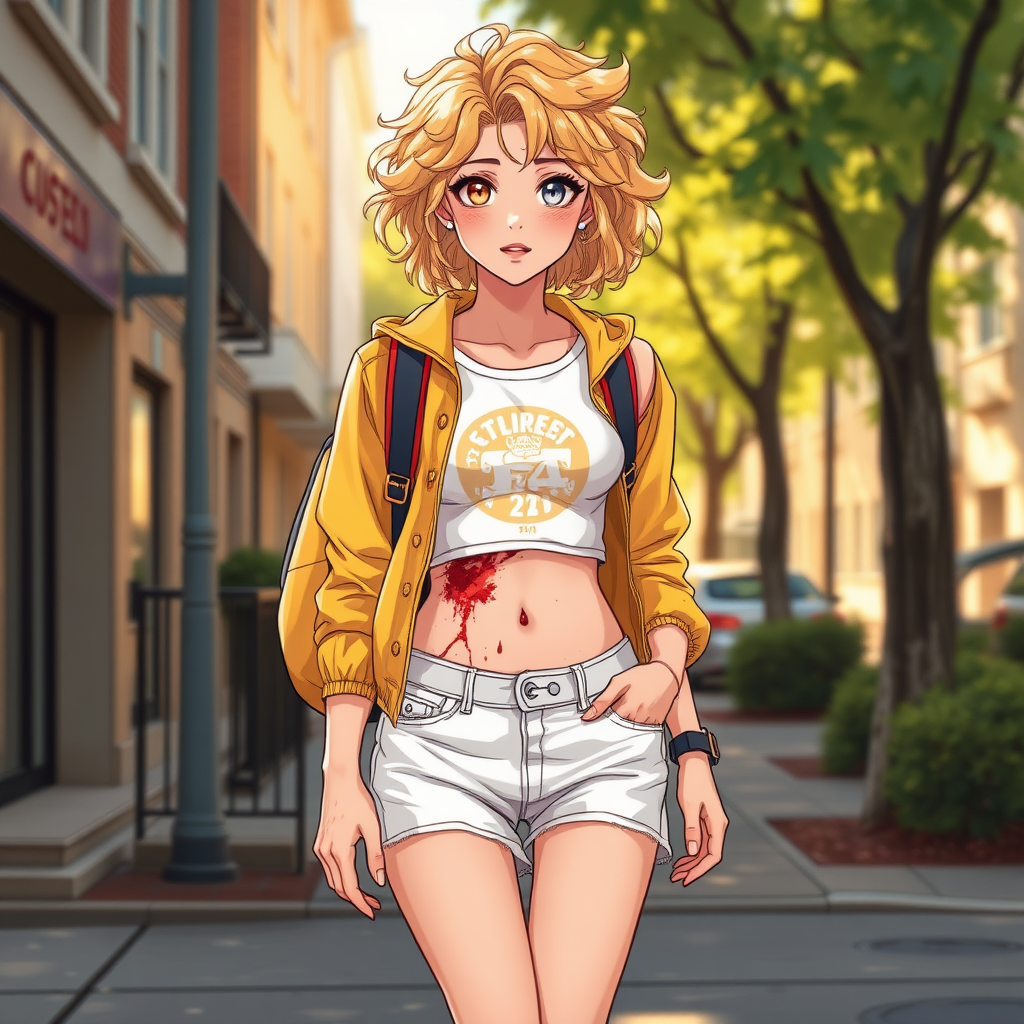 Realistic drawing style image, Extremely good quality 8k resolution drawn manga image of a 15 year old petite and short tomboy girl with golden blonde curly hair with mixed and different colored eyes for each eye and moles on her entire body and is a white American girl, Has on a Gold Jacket over a white extremely short crop top only covering her breasts and nothing more with a design on it, and has on ripped shorts and cool looking sneakers and a deep and big knife cut wound on her stomach from a huge injury she had, with a bright color backpack, ear piercings on, walking on the street to school in the morning with the beautiful sunlight lighting up her body beautifully with no tattoos.