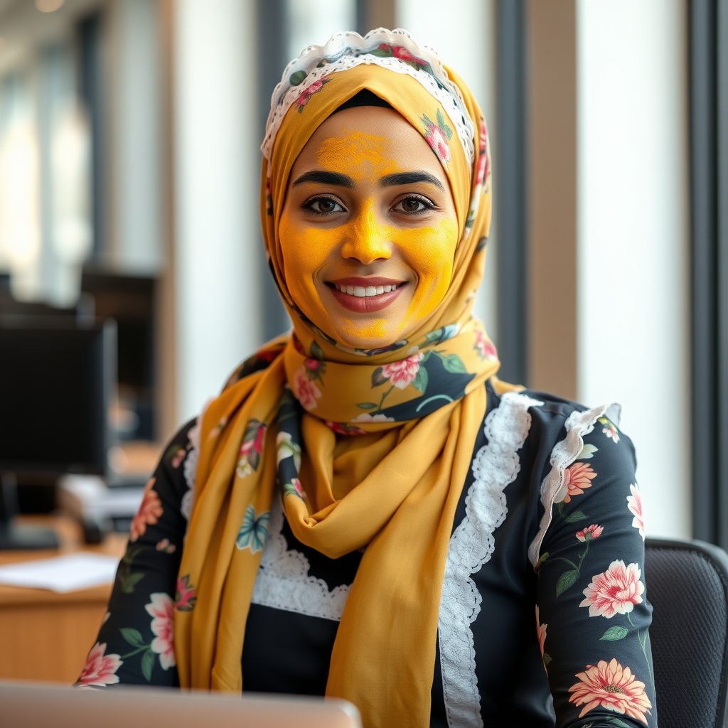 slim, modern, french maid, floral hijab, turmeric paste on face, working in office