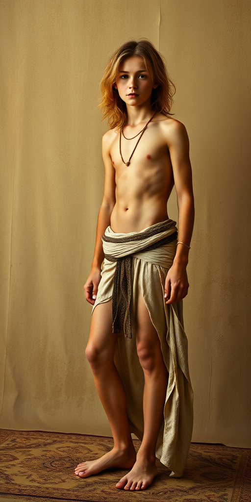 photorealistic, ultra high resolution, 16K, a skinny teen harem boy, long legs, bare thighs, long hairs. In harem, gold. Full length view. Vintage photo,