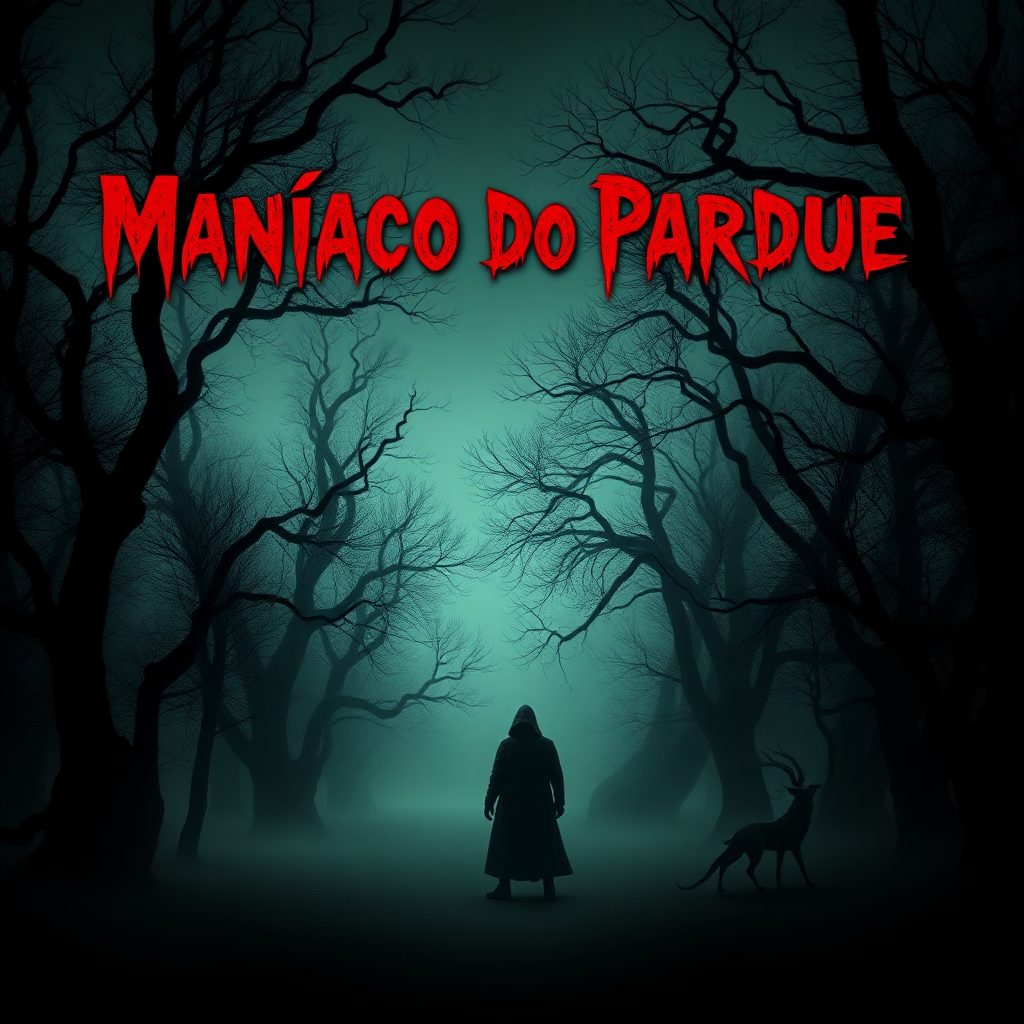 Create a YouTube thumbnail (1024x576) featuring a dark, foggy park scene. In the foreground, a shadowy figure lurks among twisted trees, creating a sense of dread. Use a gradient background of deep greens and blacks to enhance the eerie atmosphere. Place the title 'Maníaco do Parque' prominently at the top in a bold, horror-style font with a blood-red outline for emphasis. Add subtle textures like cracks or shadows to create depth, ensuring the overall design conveys a sense of psychological horror.