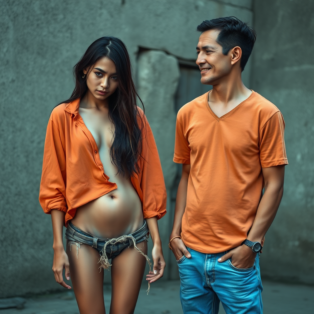 A young unwashed, neglected, homeless, unhygienic-looking, unusually thin, almost anorexic Asian woman. Depicted as a whole person. Largely erotic, but with a sad and mystical expression. The Asian woman wears a torn, old, transparent, very short, belly-baring piece of fabric and a completely torn, ragged, very old pair of shorts. Shame can be seen in her very Asian eyes. In front of her stands a 60-year-old German man. The handsome, youthful-looking, well-groomed German man looks at the Asian woman as if he is offering her his help. The German man is shaved and slender, has a normal fashionable haircut, his hair is dark brown, he wears a new nice simple orange shirt with a subtle pattern and new blue jeans. The German man looks friendly and smiles a little, looking at the Asian woman kindly, as if she were his daughter. The Asian woman can hardly look the German man in the eyes out of shame. The Asian woman's belly slightly goes "inward" due to hunger. Her navel is always visible. The Asian woman has a very beautiful, normal physique. The Asian woman has a very light wound on her face. She looks as if she would soon cry. She looks miserable, sad, and completely hopeless!