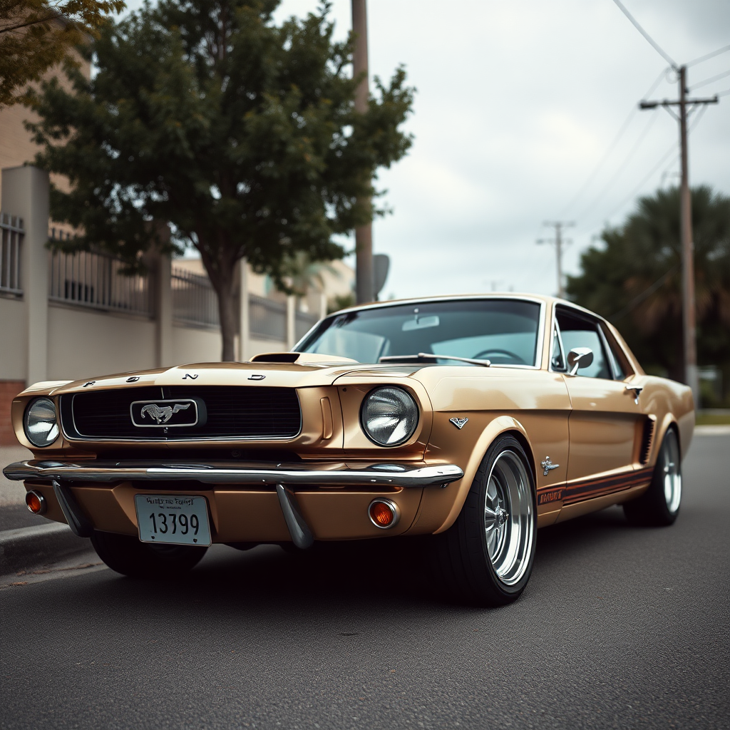 the car is parked on the side of the road, inspired by Taiyō Matsumoto, tumblr, restomod, nd4, c4 metallic shine classic american low rider ford mustang