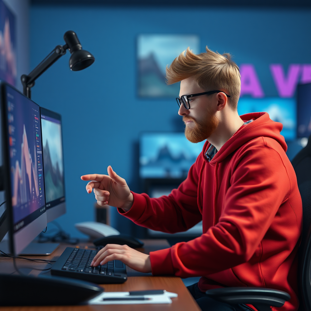 Man making an animation in a computer real life image