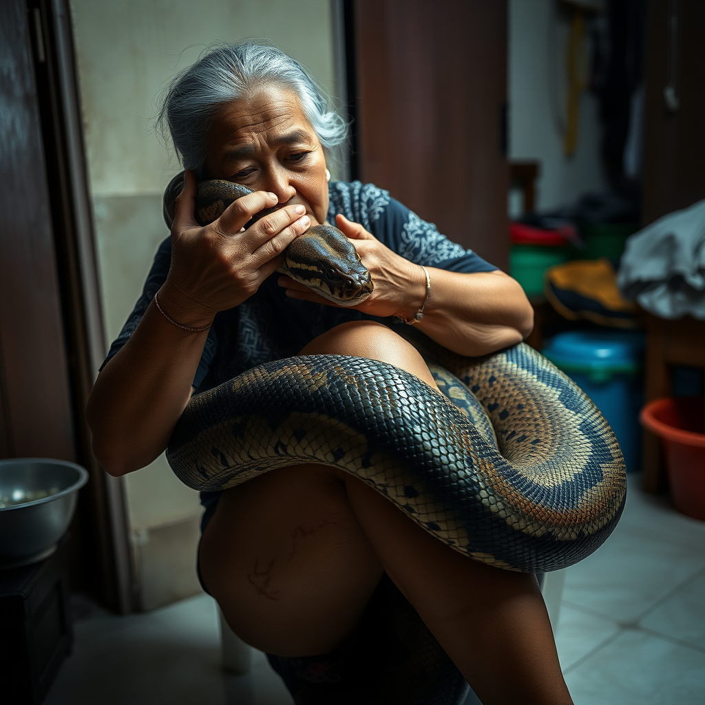 In Samut Prakan, Thailand, a 64-year-old woman, Arom Arunroj, at home, a 20-kilogram python wrapped around her, grabbing the snake's head, with broken bowls and bite marks on her leg, Cinematic Lighting, available light.