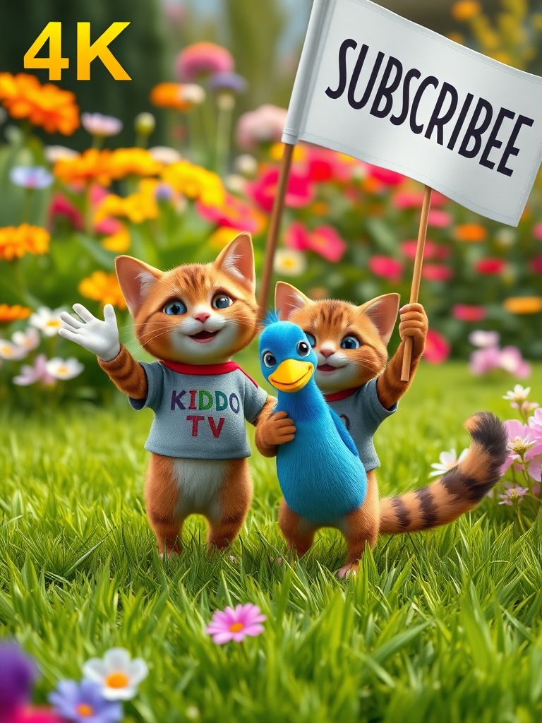 A realistic 4K scene of a Brown Cat and a Blue Bird standing on lush green grass, waving happily. The cat is wearing a shirt with 'KIDDO TV' printed on it. Nearby, the brown cat is holding a large flag that says 'SUBSCRIBE!' The vibrant garden background is filled with colorful flowers, creating a joyful and playful atmosphere.