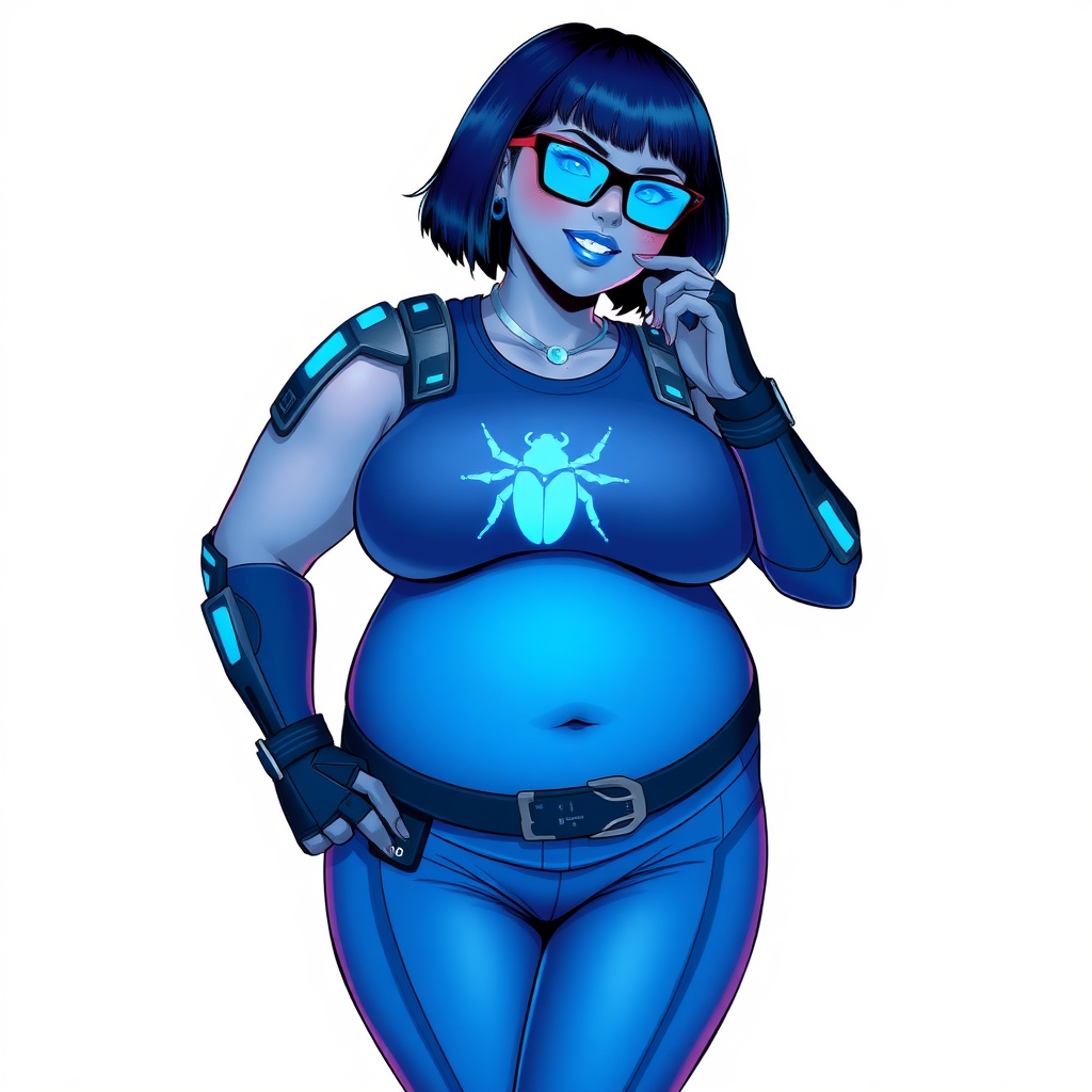 A 28-year-old, full-figured, metallic maximum blue (5PB 5/10) skinned computer program hybrid with a maximum blue bob cut. She has a non-athletic build, highlighted by a prominent, round, large midsection (with a full emphasis on her large belly), which shows the effects of her love of junk food acquired from her boyfriend. As the full-figured, nerdy, digital sidekick to her cyberpunk vigilante boyfriend, her metallic maximum blue skin and maximum blue lipstick (5PB 5/12) emphasize her digital nature. Her skin has a subtle, animated glow, with digital patterns occasionally flickering across it, making her digital nature obvious. She wears a digital, computerized costume, consisting of a huge, tight-fitting, maximum blue tank top (5PB 5/10) with a neon blue glowing chest icon of a beetle, hi-tech shoulder pads with neon blue accents, a black hi-tech belt with a digital neon blue glowing buckle, digital maximum blue pants (5PB 5/12) with neon blue accents, and black hi-tech fingerless biker gloves with neon blue glowing accents. Her neon blue glowing eyes, black eyeglasses with neon blue glowing lenses equipped with a built-in HUD, and bashful smile with neon red blush accentuate her nerdiness. She stands bashfully with one hand behind her back and the other hand gently touching her cheek, her costume covering all her skin and fully emphasizing her full-figured physique (especially her belly). She is clearly non-athletic, with a focus on her full-figured physique. Despite her build, she radiates beauty. She has a slim face compared to her physique, accentuating her radiant beauty. She is on a solid white background. She is drawn as if she were in a retro 2D cyberpunk fighting game. Ensure her skin has a maximum blue (5PB 5/10) skin tone.