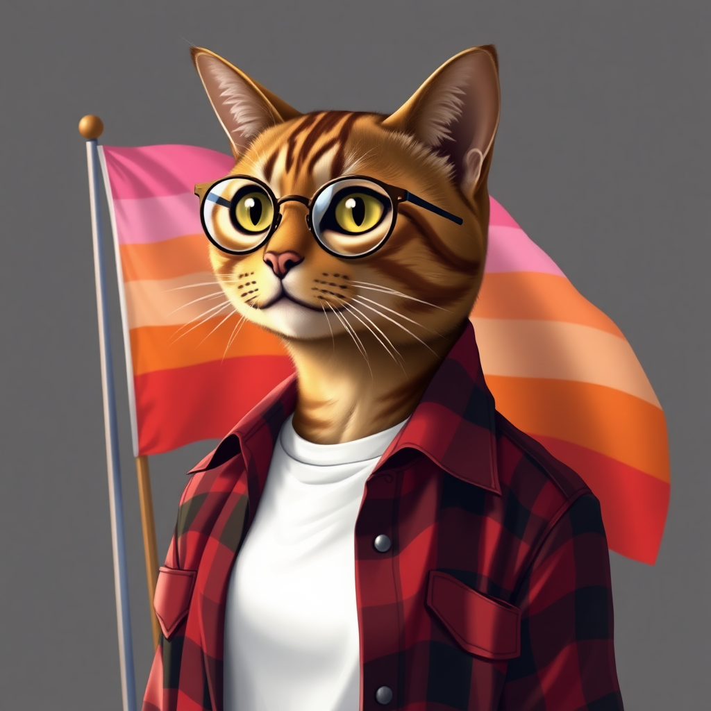 female cat-man colored brown with, behind, a flag with horizontal colors pink/light pink/white/light orange/orange, colors in that order, wearing semi-round glasses, an open red and black checked shirt with a white t-shirt, in digital art