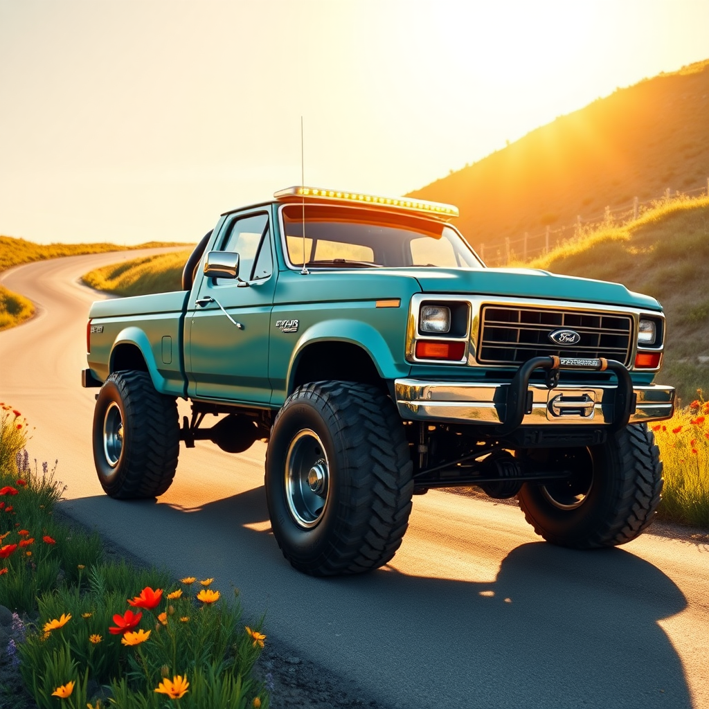 Alongside a sun-drenched, winding road flanked by vibrant wildflowers, a rugged restomod Ford 4x4 pickup truck stands proudly. Its matte turquoise paint gleams under the warm afternoon sun, reflecting hints of the surrounding landscape. The vehicle, reminiscent of Taiyō Matsumoto's distinctive art style, features smooth, flowing lines and a stylized light bar that glimmers like a beacon, hinting at adventures yet to come. The chunky tires, caked with remnants of previous off-road escapades, hint at a life lived on the edge of exploration. Sunlight dances across the polished chrome detailing, intensifying the gritty, powerful aesthetic of this monster truck. Nearby, patches of bright green grass sway gently in the warm breeze, and the faint sound of chirping crickets fills the air, creating a lively but relaxed atmosphere, as if the very environment reflects the spirit of freedom that this striking vehicle embodies. A hint of gasoline mingles with the scent of wildflowers, providing an olfactory reminder of the journey that has brought the truck to this tranquil roadside haven.