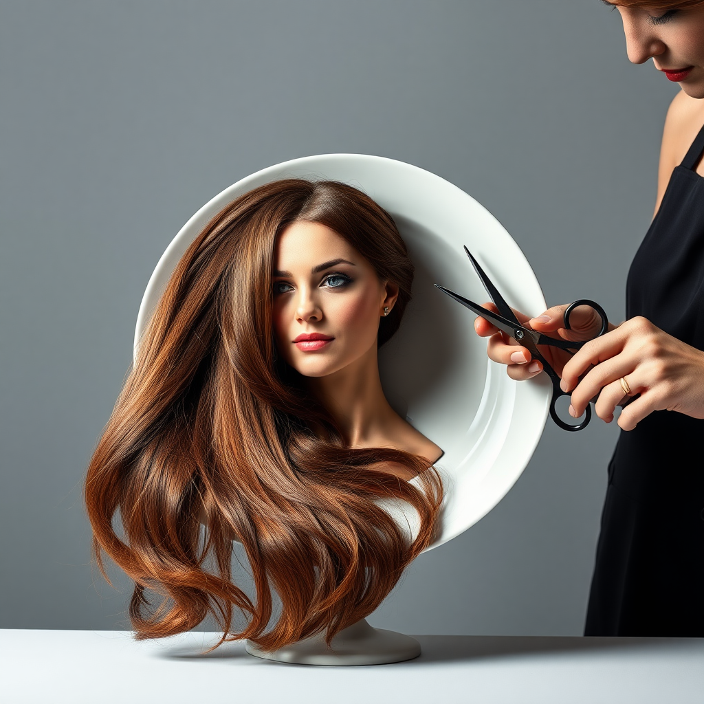 In a strikingly surreal scene, a beautifully crafted porcelain plate holds the disembodied head of a graceful Kate Middleton, her long, flowing hair cascading around like a luxurious waterfall of silky strands, shimmering in various shades of deep chestnut. Each hair seems to catch the light, creating an almost ethereal glow. Nearby, a meticulous hairdresser, dressed in a sleek black apron, carefully snips away at Kate's locks with precision scissors, their actions fluid and deliberate, emphasizing the delicate artistry of the moment.

The setting boasts minimalist decor, with a plain gray background that heightens the focus on this bizarre tableau. Soft shadows play across the smooth surface of the plate, enhancing the haunting beauty of Kate's serene expression, which conveys both elegance and an uncanny sense of stillness. The atmosphere is a blend of surreal calm and unsettling intrigue, pulling the viewer into a dreamlike space where reality and imagination intertwine. Gentle noises of scissors softly clipping away hair are the only sounds in this peculiar yet captivating scenario, heightening the tension and drawing viewers into this striking juxtaposition of beauty and the bizarre.